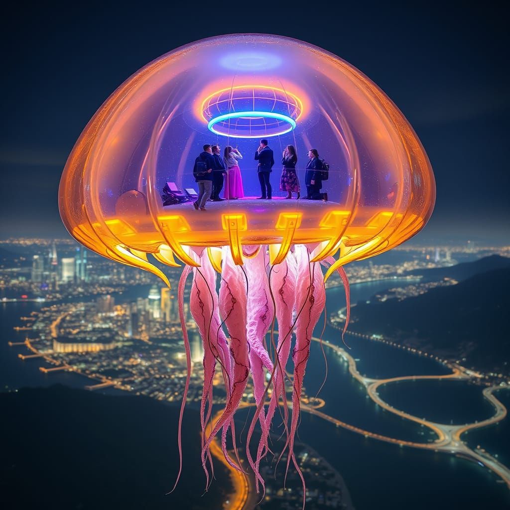 Surreal Mecha Jellyfish Soars Above Futuristic Coastline