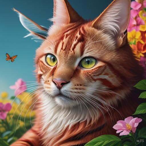 Giant Cat with Violin Amidst Hyperrealistic Flowers