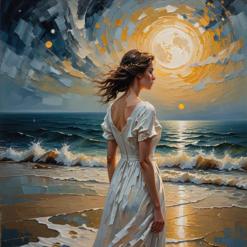 Woman Watches Moonlit Lake Shore as Impasto Painting
