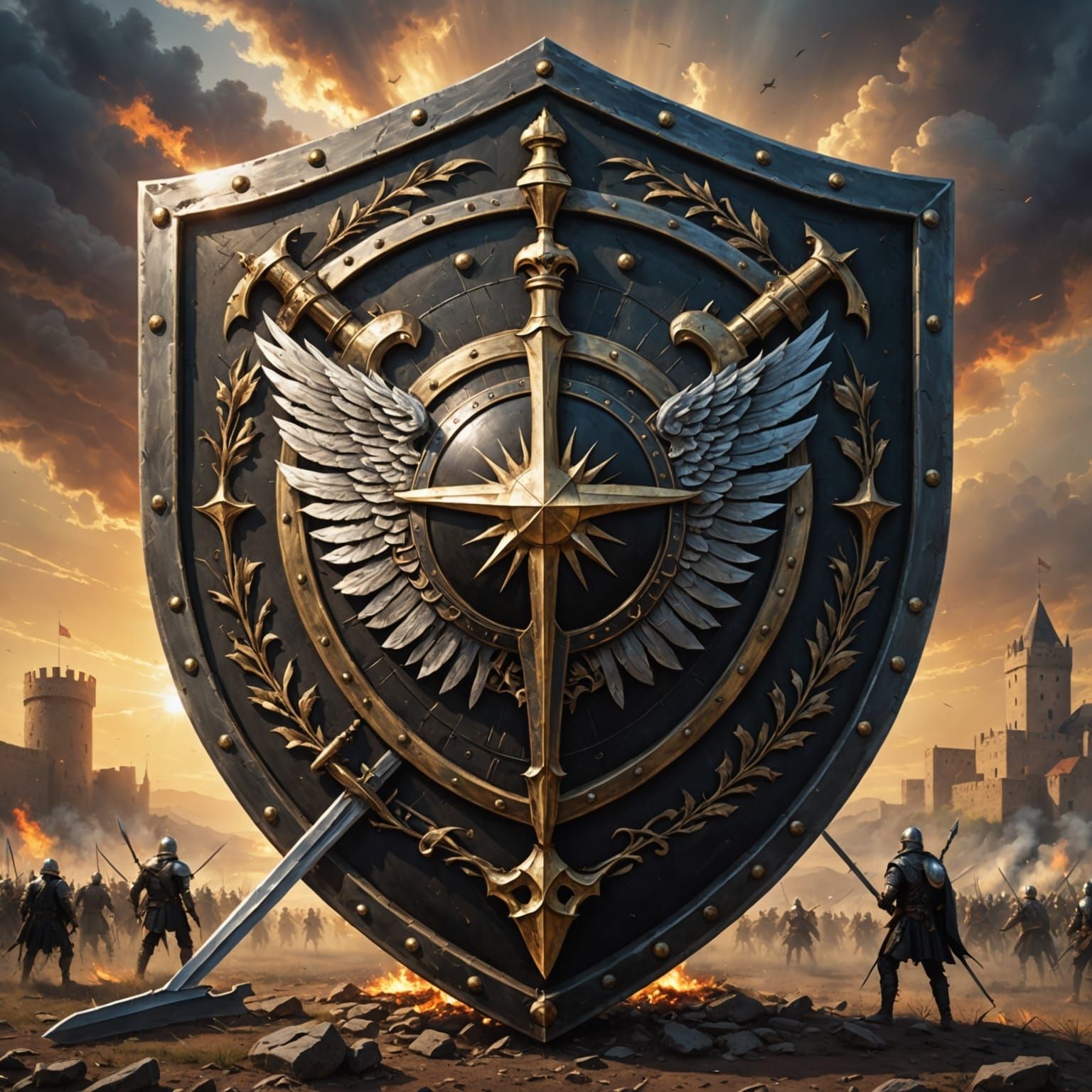 Victorious Knight's Coat of Arms in Sunset Battle Scene