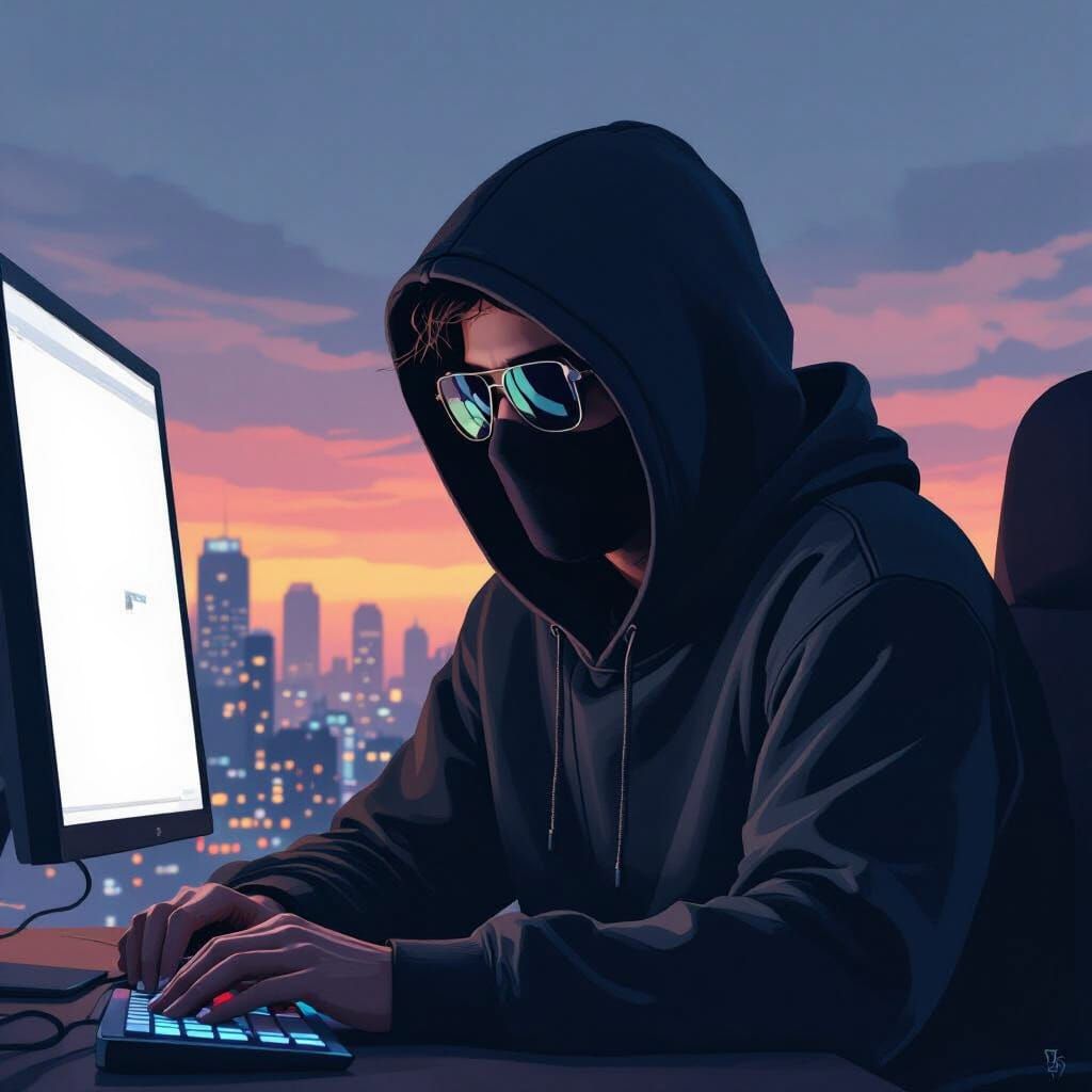 Person in Shadow with Neon Cityscape, Digital Art