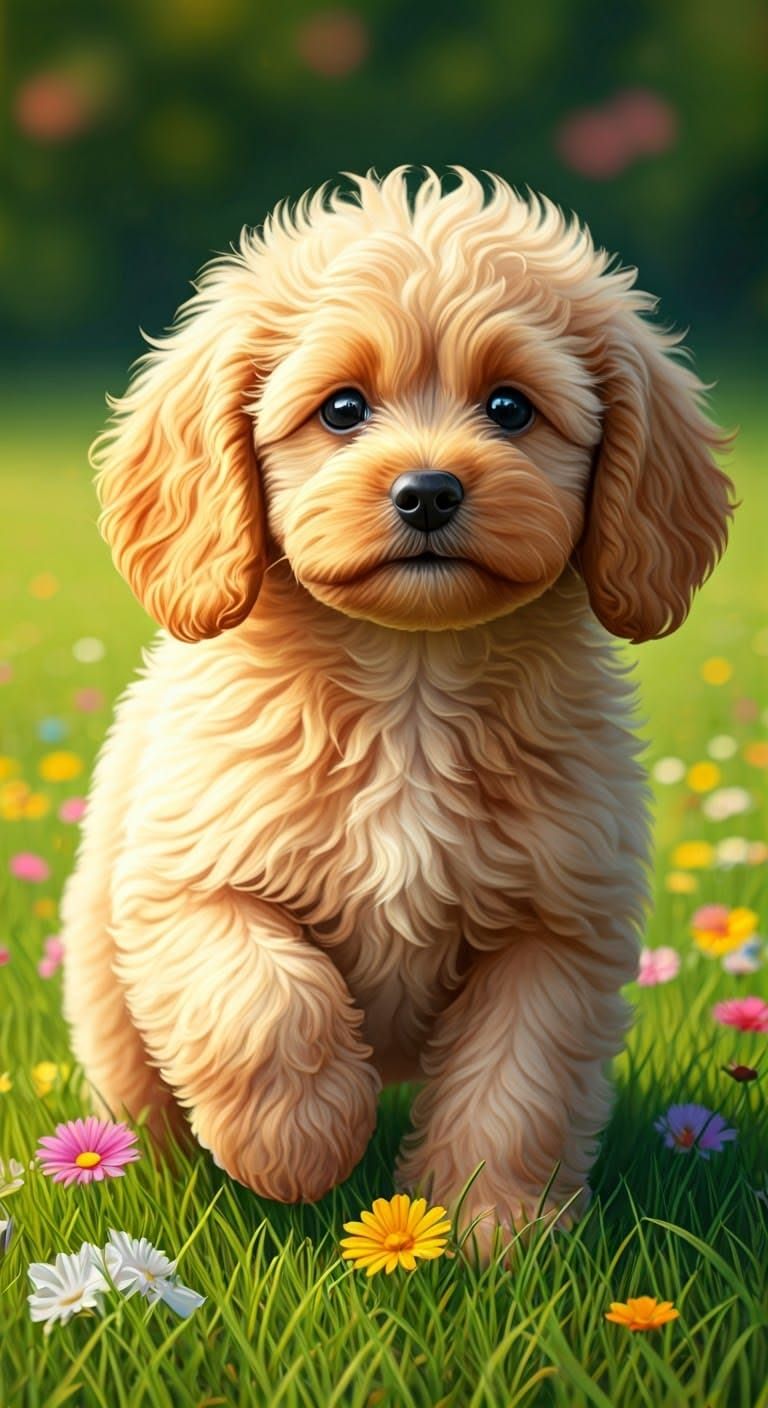Joyful Light Brown Poodle Amidst Vibrant Floral Wonderland