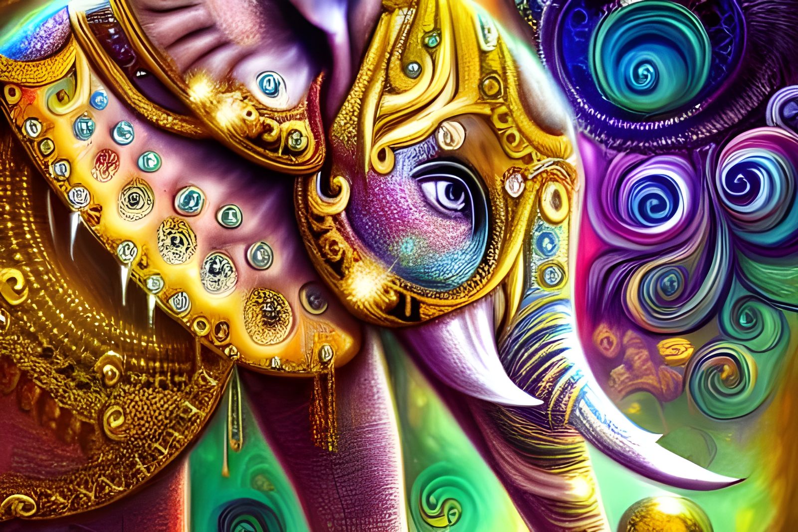 Golden Fractal Elephant in Fantasy Art Style