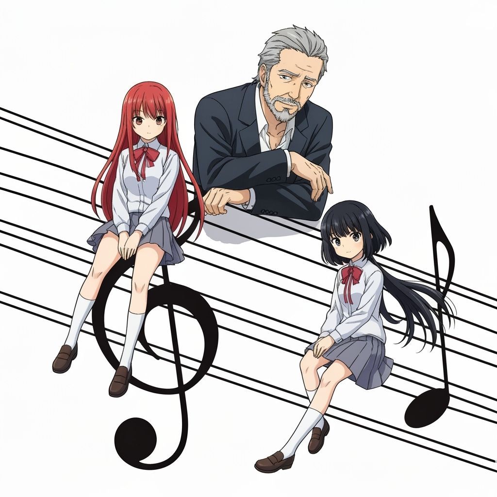 Anime Girls and Italian Man on Musical Notes