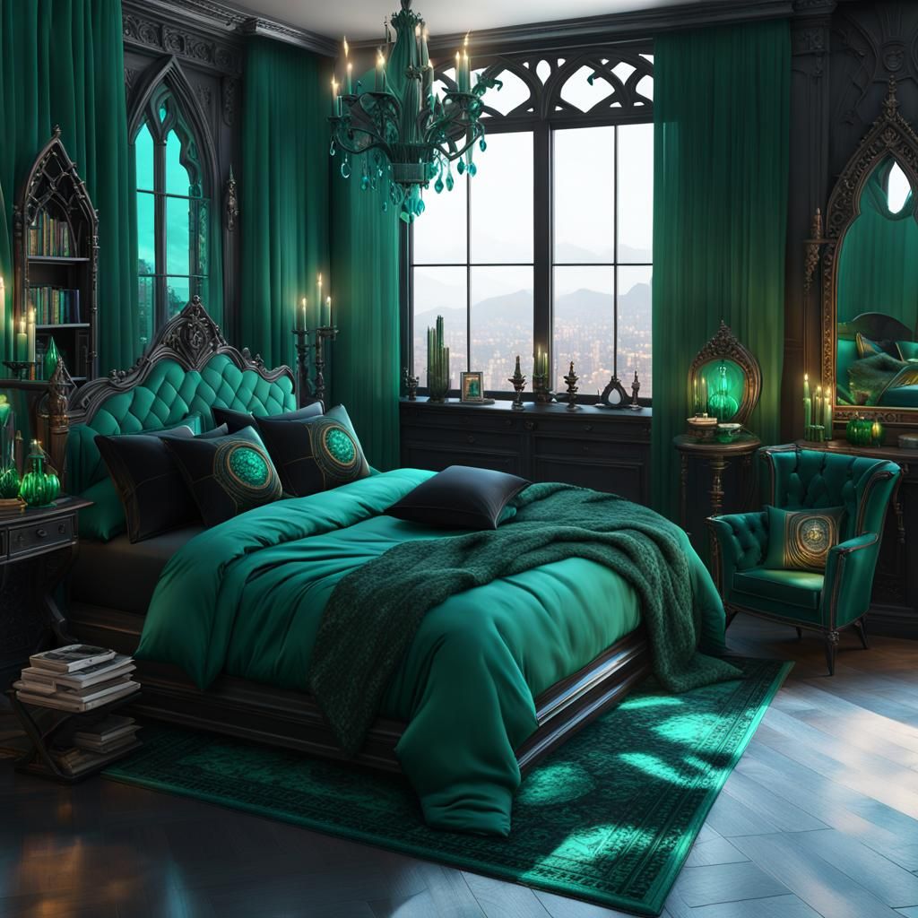 Teal green gothic bedroom with Emerald green frames& gothic windows& gothic emerald green curtains& Emerald green gothic...