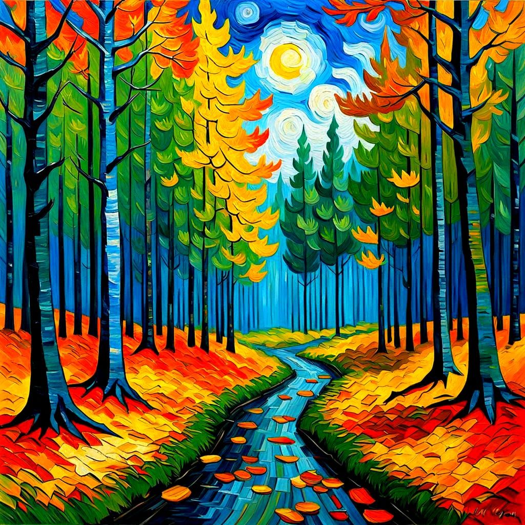 Autumn Forest Landscape in Impasto Style