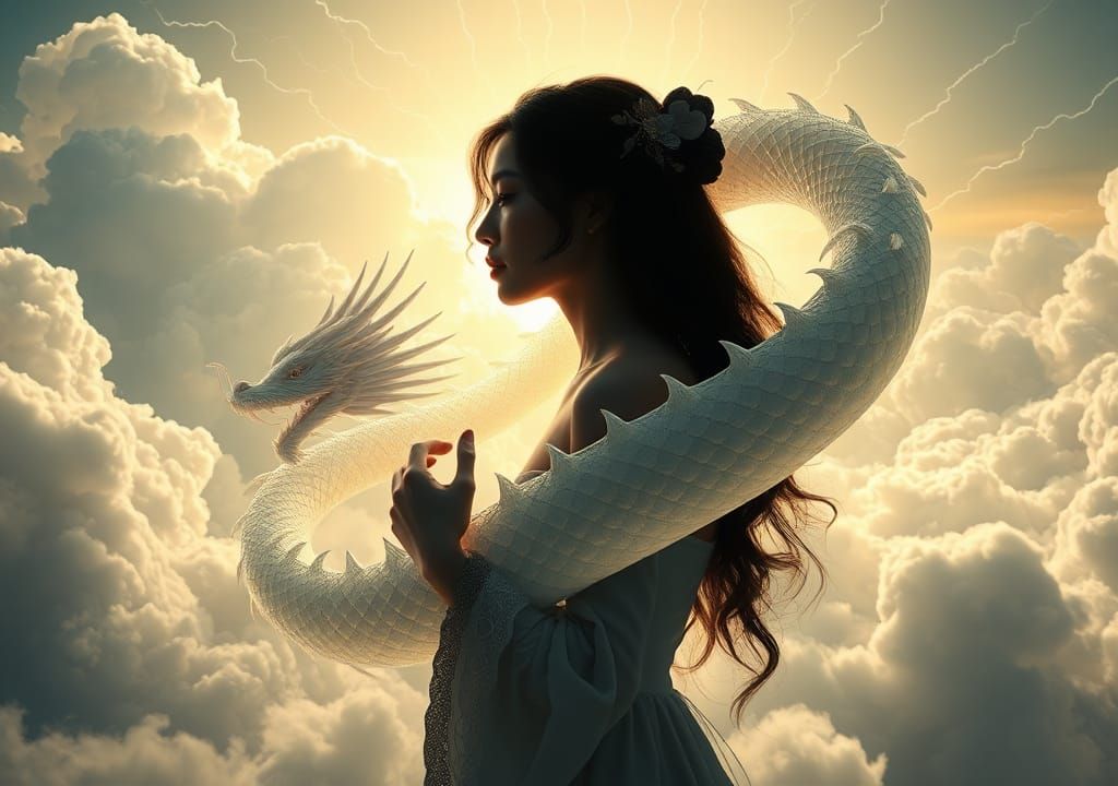 Woman Silhouette with Dragon in Art Nouveau Style