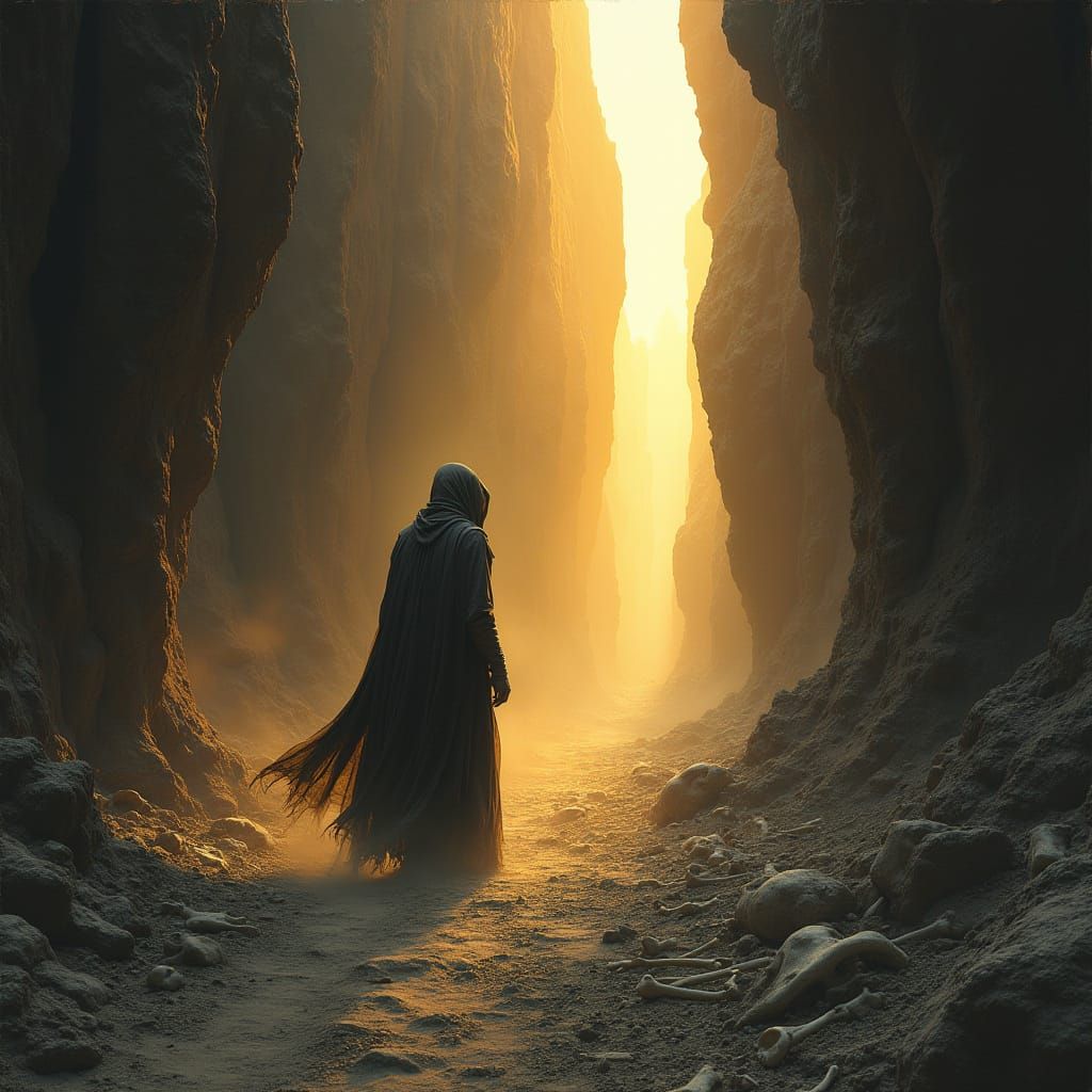 Dark Fantasy Figure in Desolate Canyon at Sunset