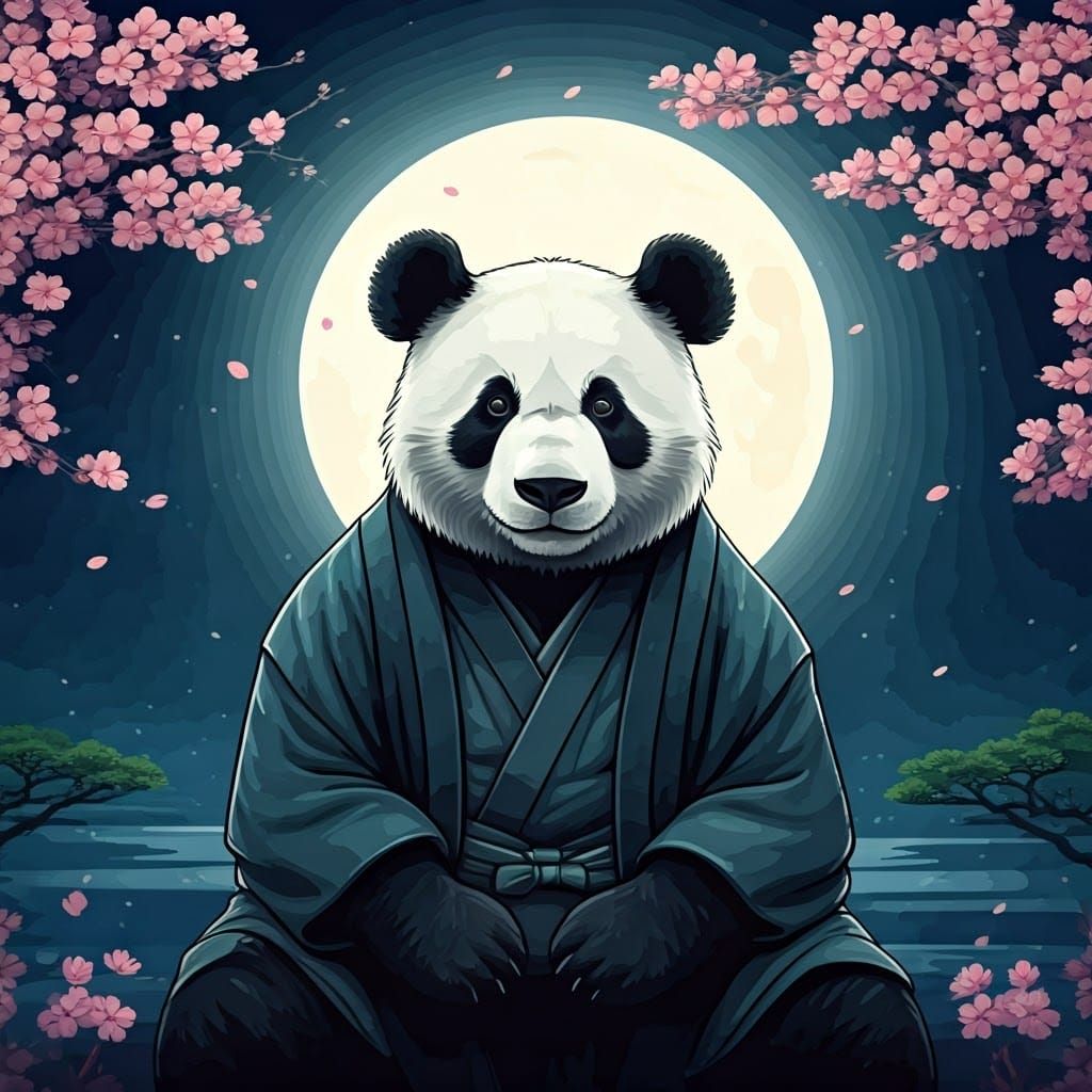 Panda in Ukiyo-e Style Under Cherry Blossoms
