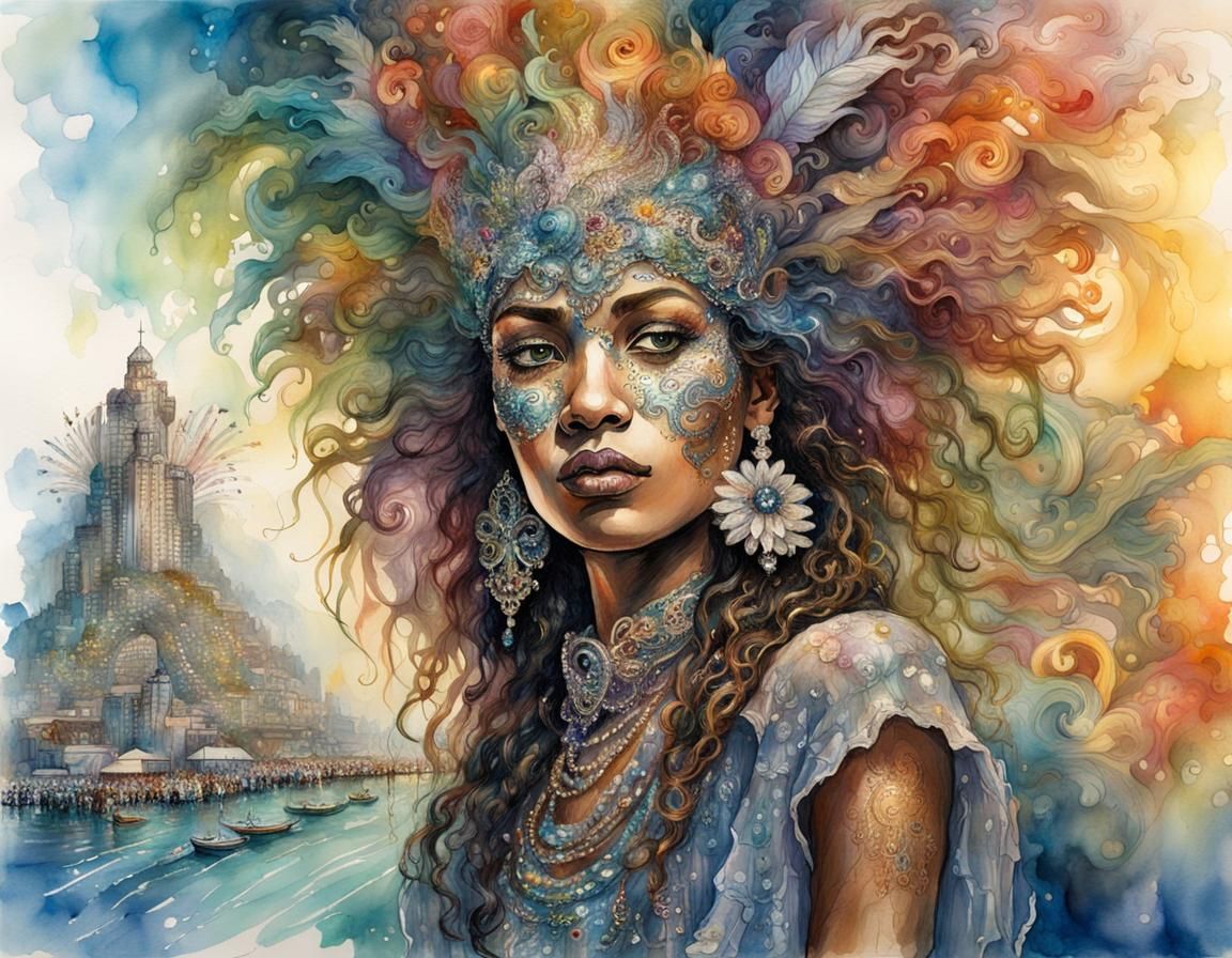 Rio Carnival Woman in Sequins, Watercolor Fantasy