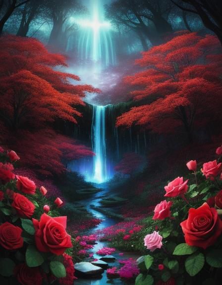 Luminescent Rose and Lily Forestscape in Surreal 3D