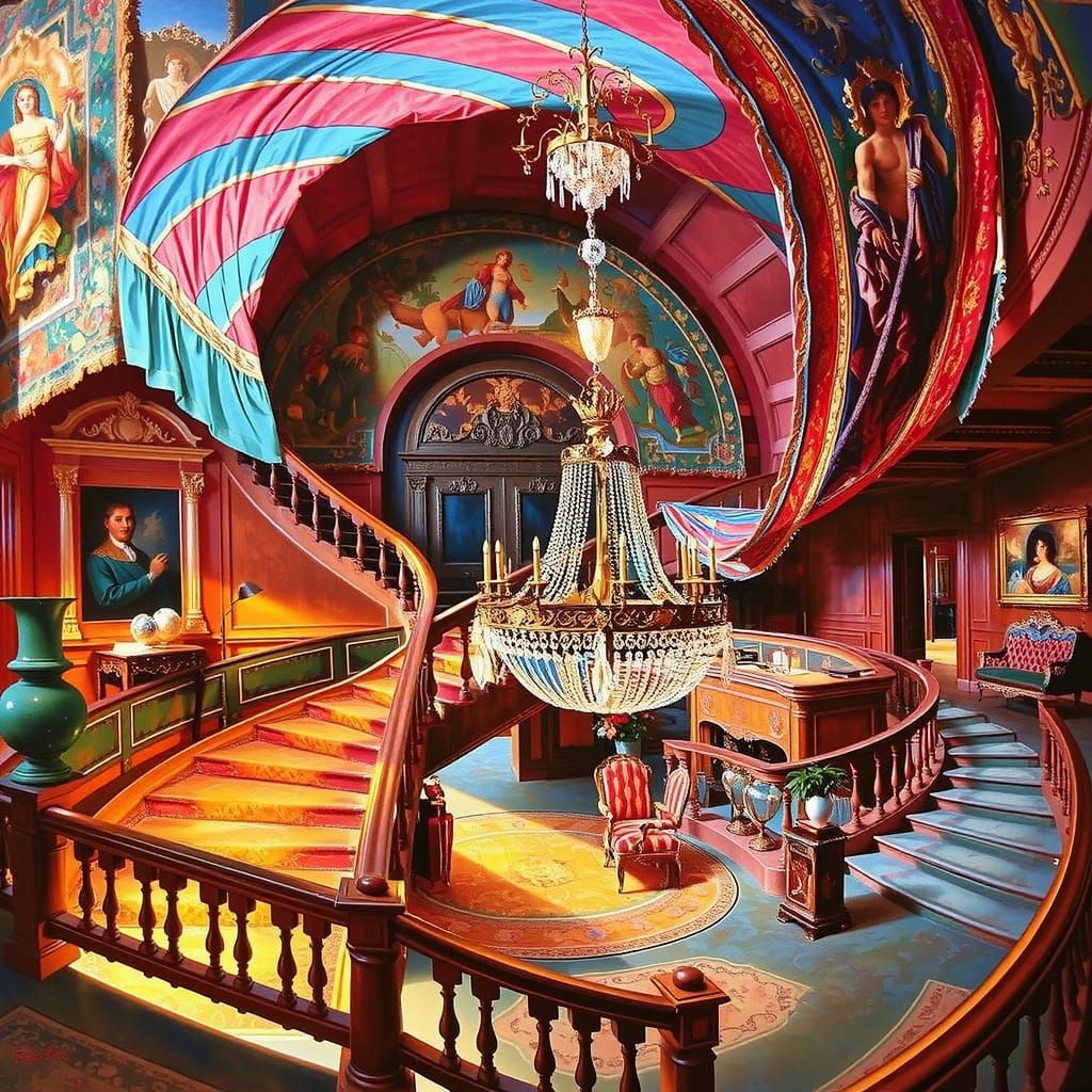 Opulent Baroque Room with Sweeping Staircase