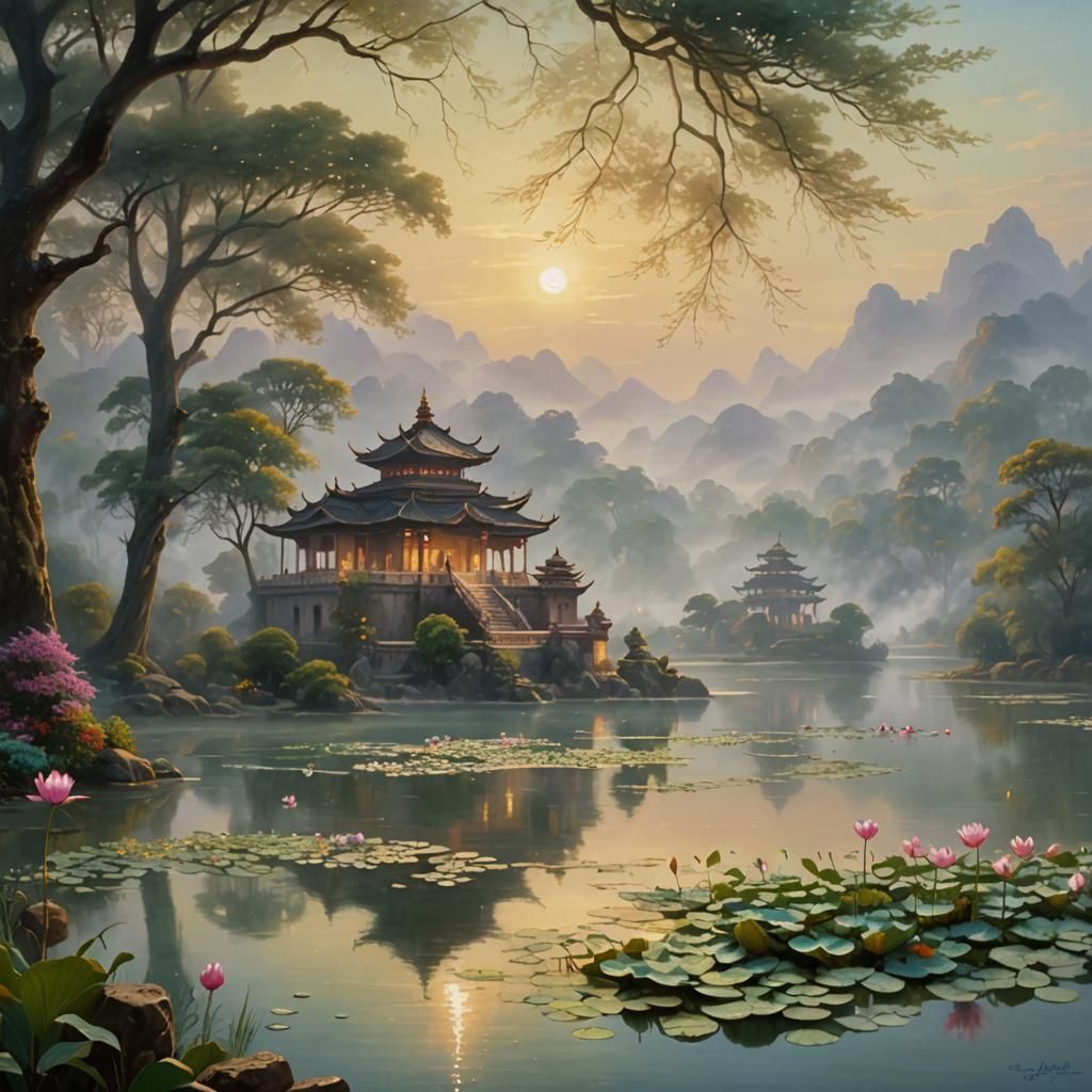 Ornate Bhavan Near Lotus Lake, Kinkade-Inspired