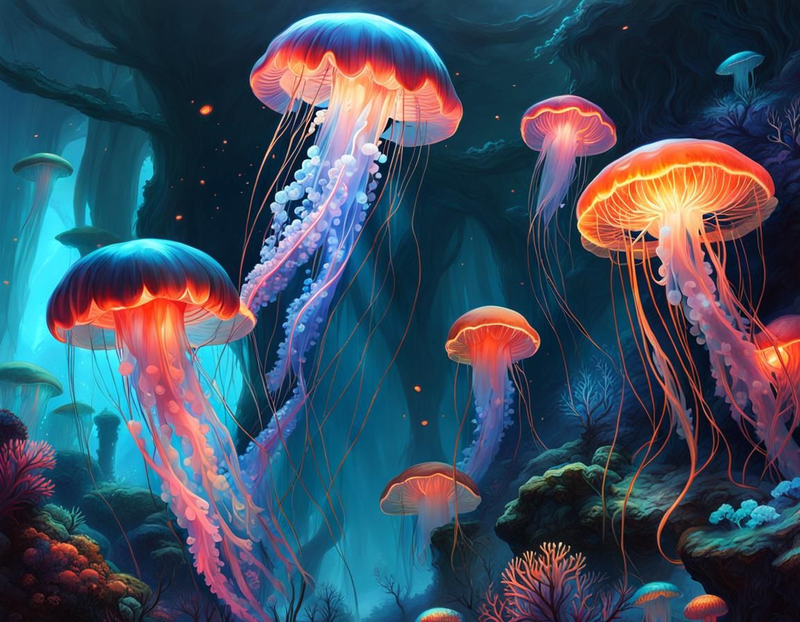 Bioluminescent Jellyfish in Glowing Coral Reef