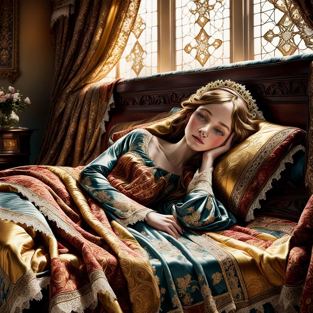 Shivering Princess on Lavish Bed in Romantic Style