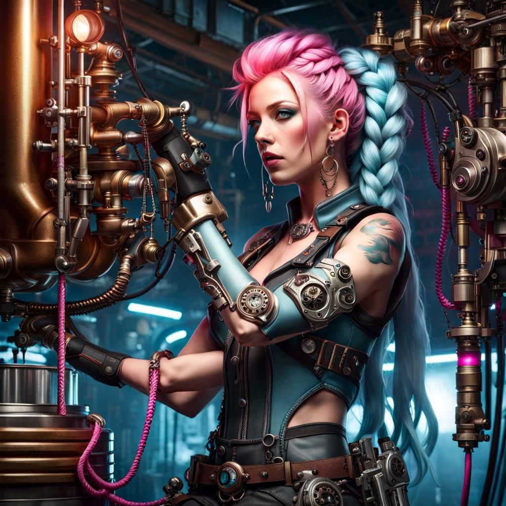 Steampunk Artificer Woman Repairs Elaborate Mechanism