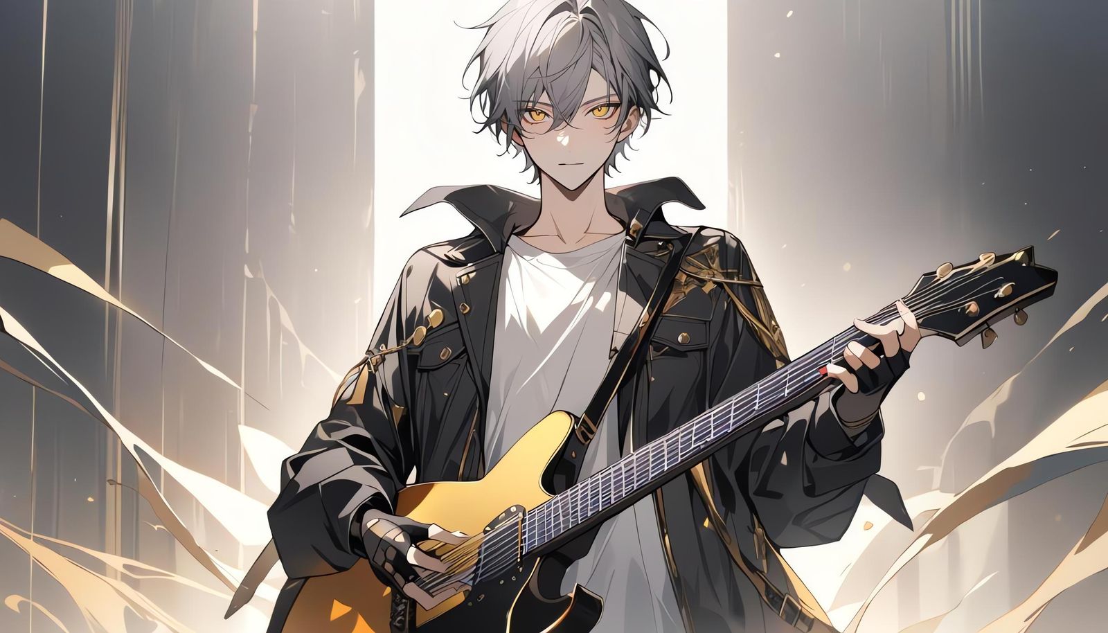 Bishounen Guitarist with Yellow Eyes, White Background