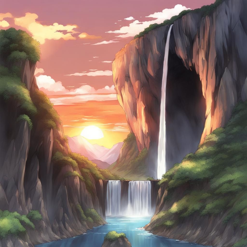 Scenic Sunset Over Mountains in Anime Style