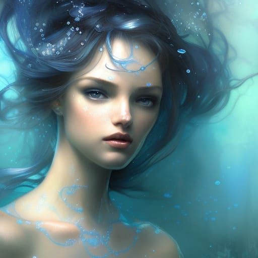 Enchanting Blue Fairy Underwater Portrait in Art Nouveau Sty...
