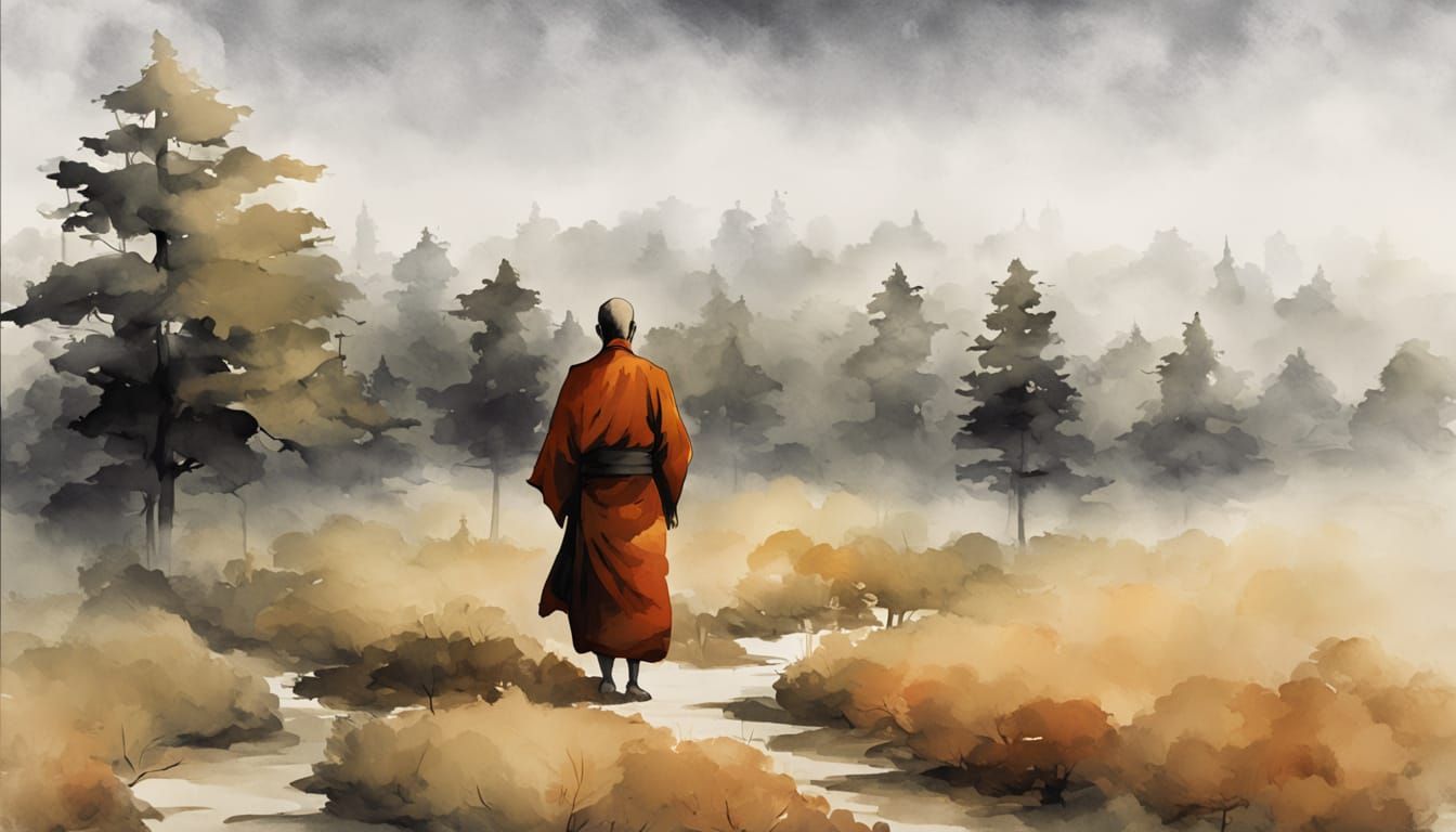 Serene Monk in Misty Forest, Sumi-e Ink Wash Style