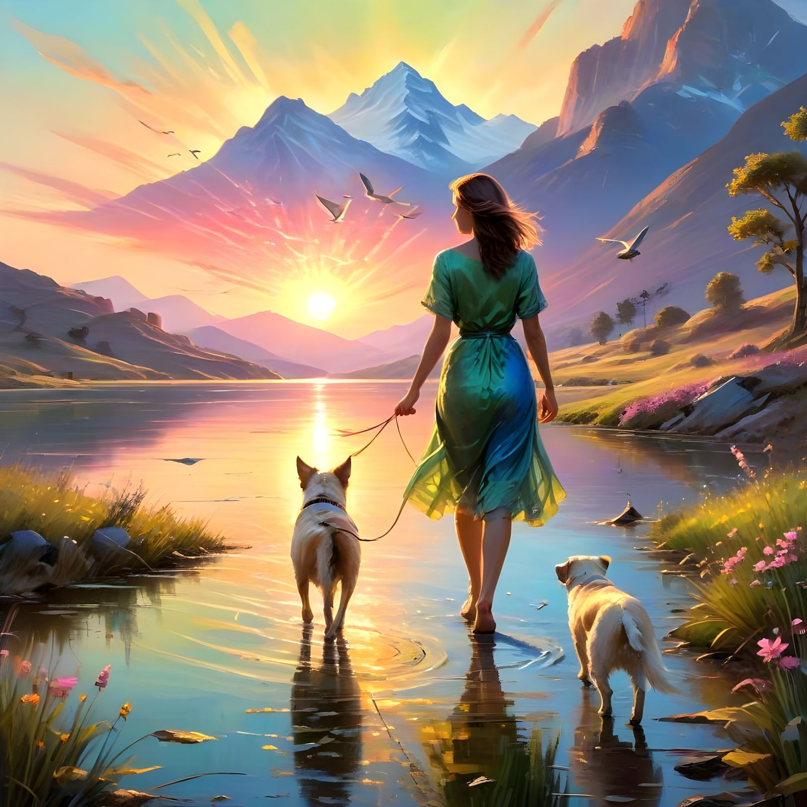 Woman and Dog Stroll Through a Vibrant Sunset Landscape in a...