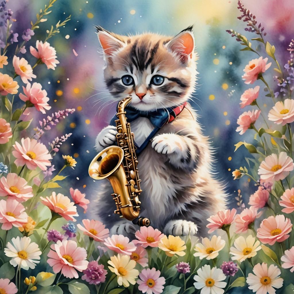 Kitten Saxophonist: Pastel Watercolor Dreamscape