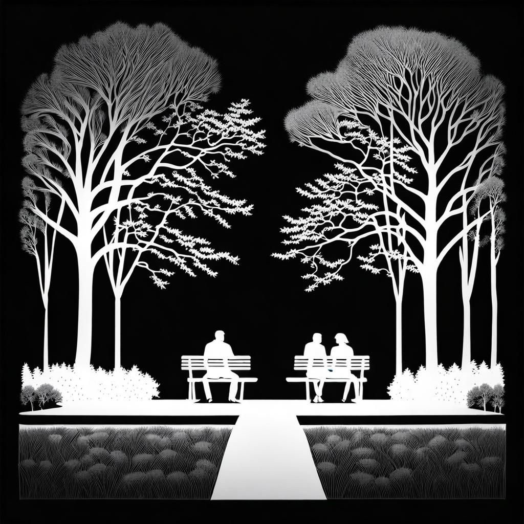 Etched Park Bench Couple on Black Background