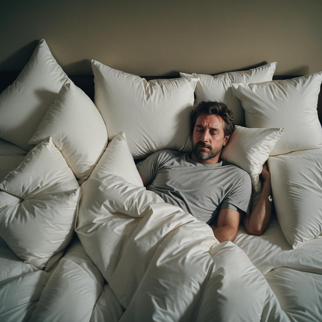 Cinematic Still of Man Sleeping with Pillows