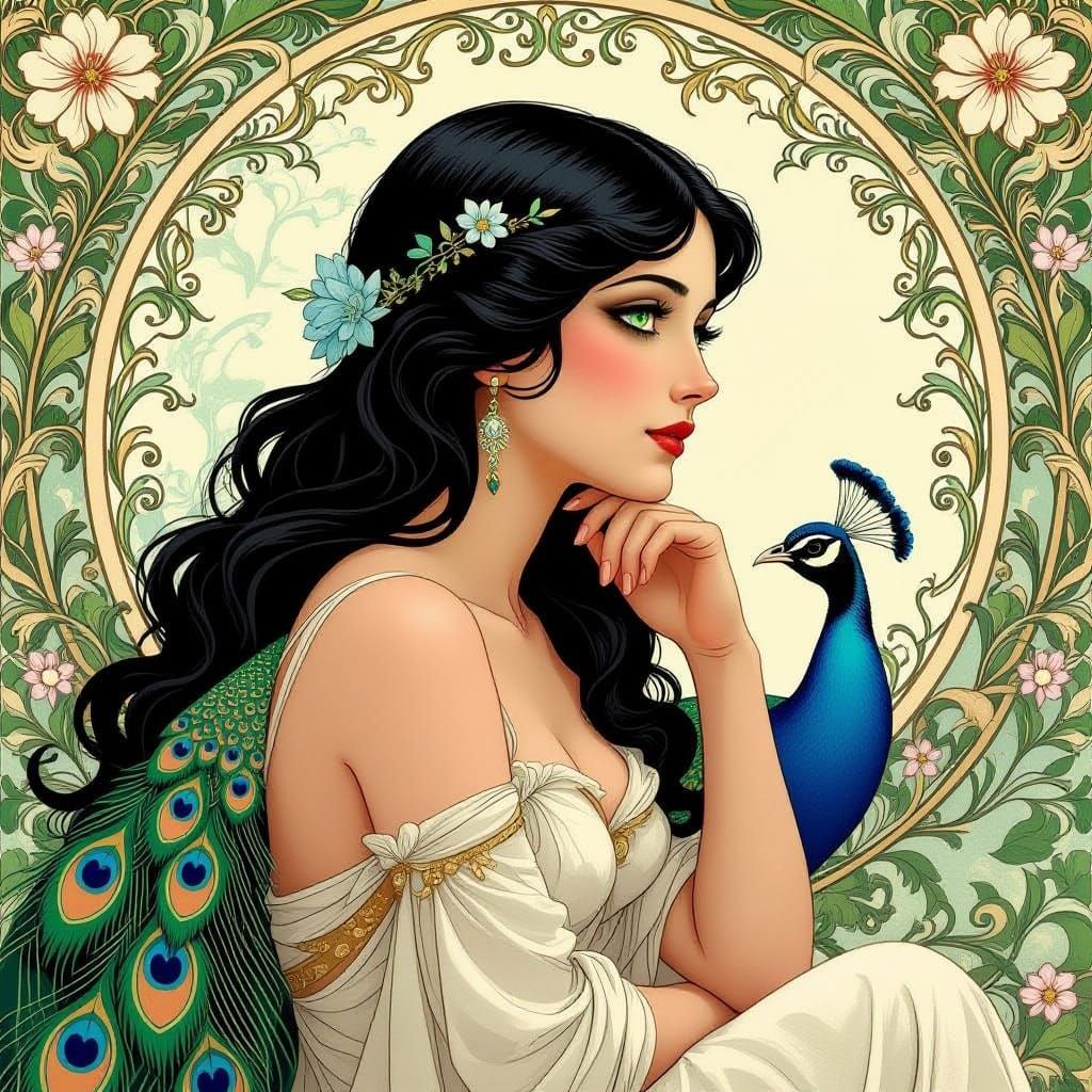 Art Nouveau Aphrodite with Peacock, Painterly Illustration