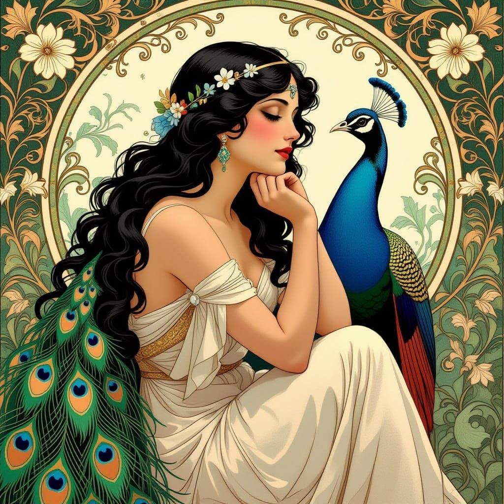 Art Nouveau Aphrodite With Peacock, Vintage Illustration