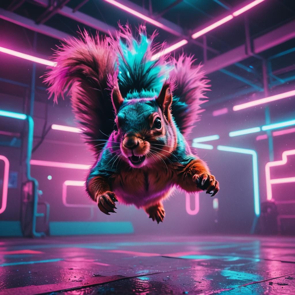 Squirrel Backflip in Neon Synthwave Arena