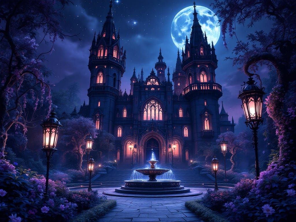 Mysterious Gothic Mansion in Deep Plum and Black