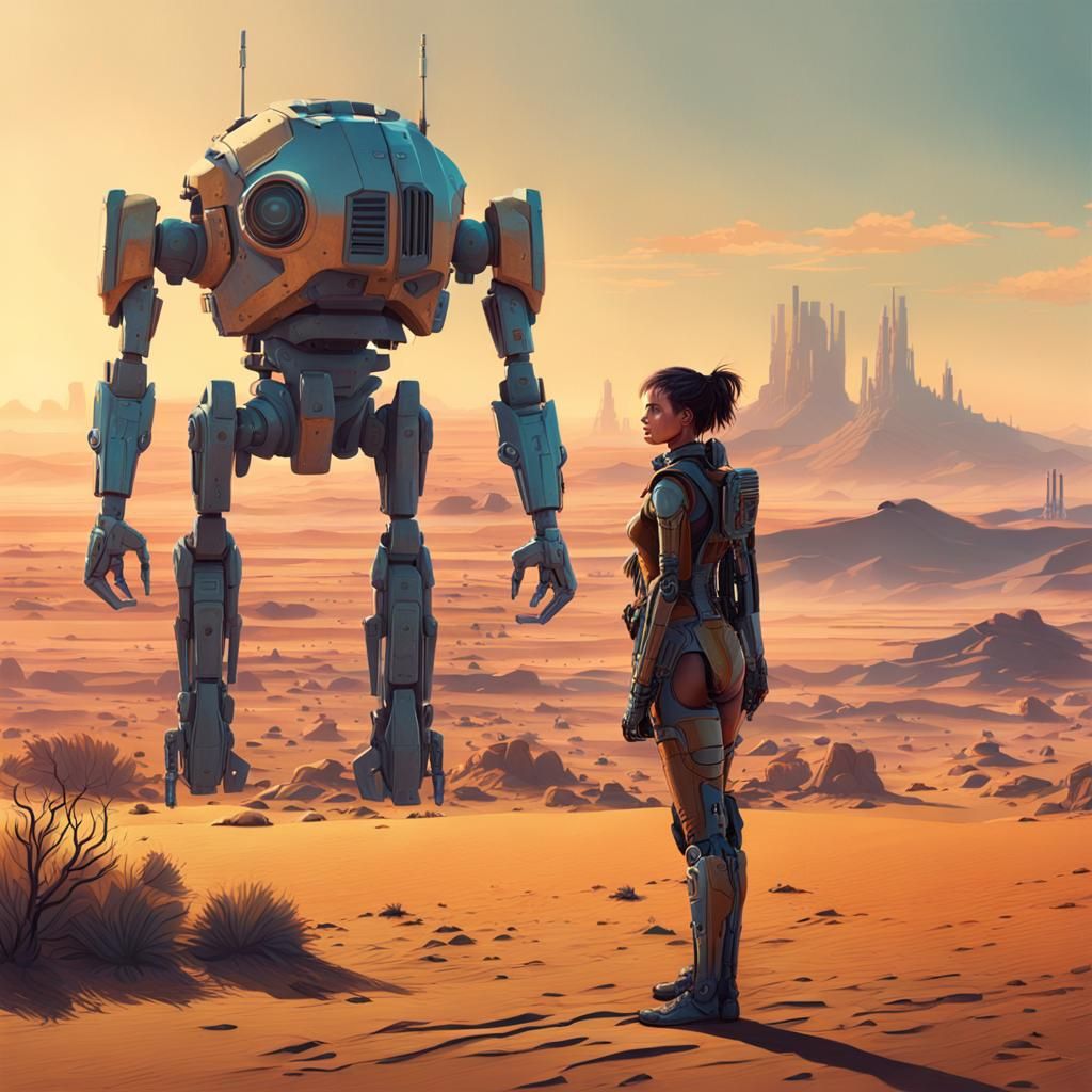 Cyborg in Desert Landscape, Matte Painting