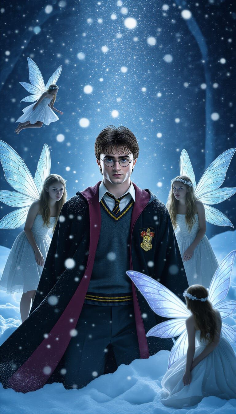 Harry Potter with Winter Fairies in Cinematic Style