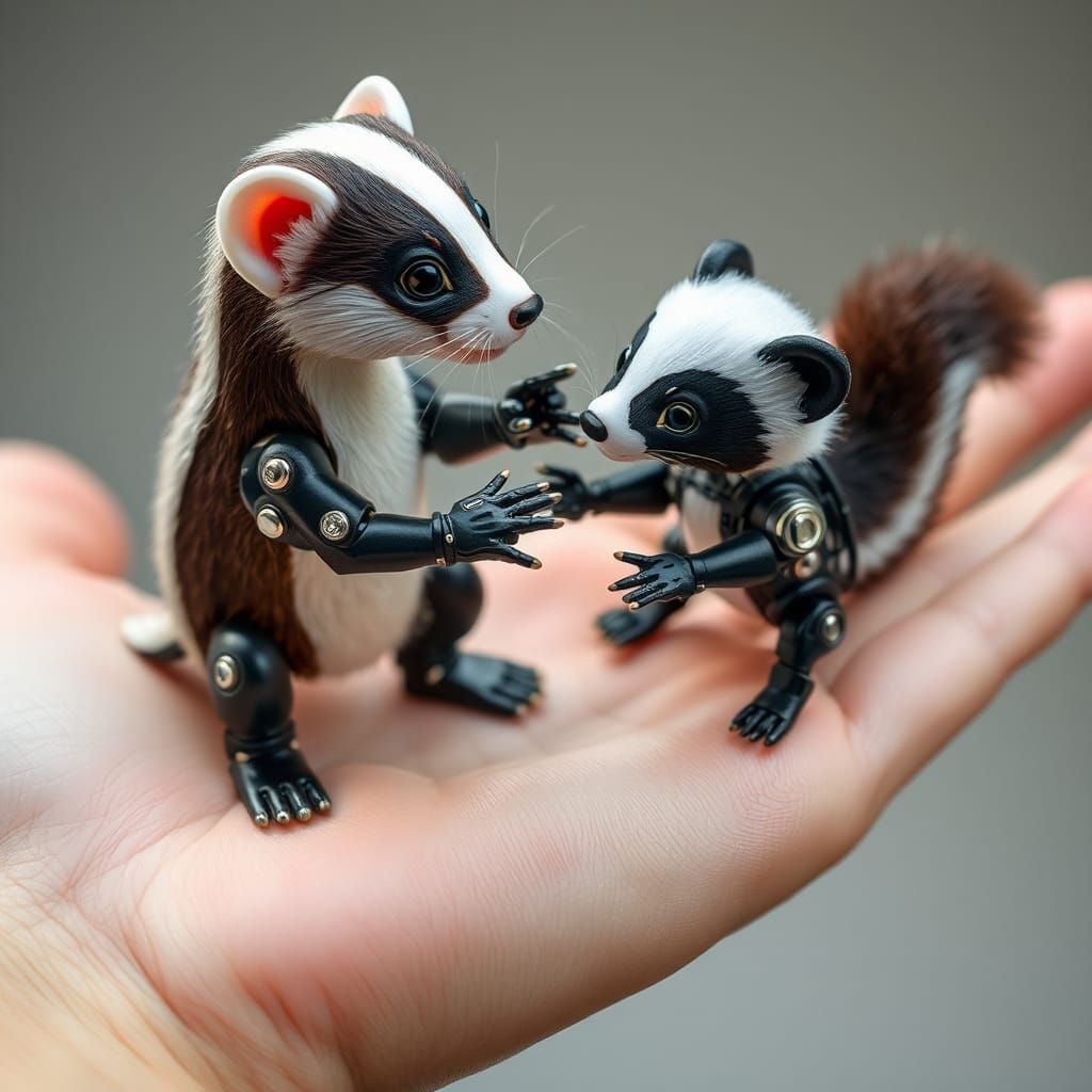 Robot Ferret Versus Skunk Battle on Human Hand
