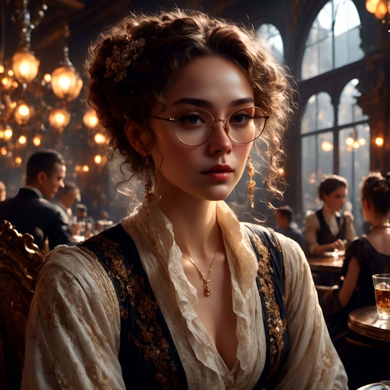 Gorgeous Woman in Cafe, Rococo Style Close-up