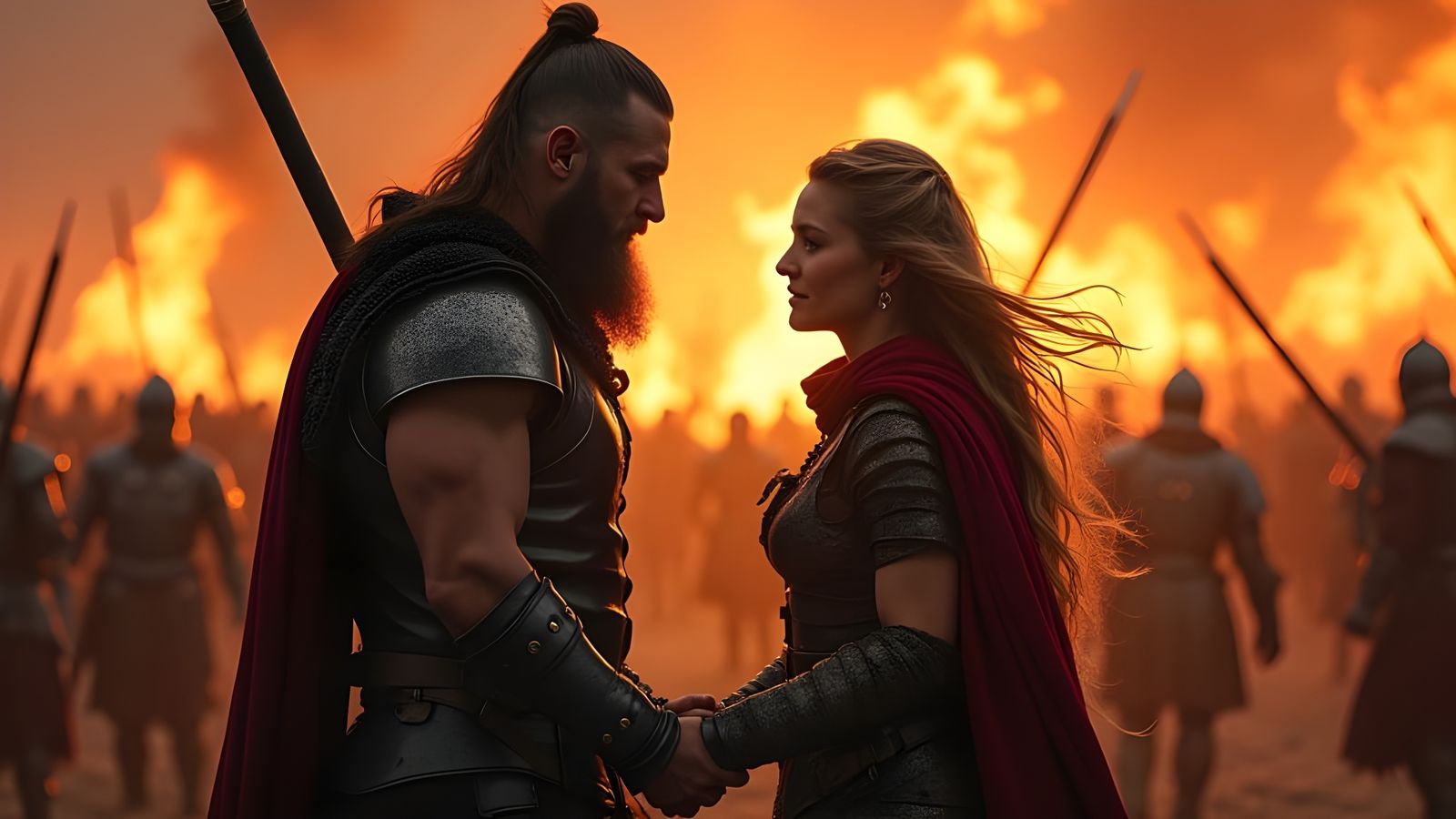 Viking Couple Leads Clan into Battle Amidst Burning City