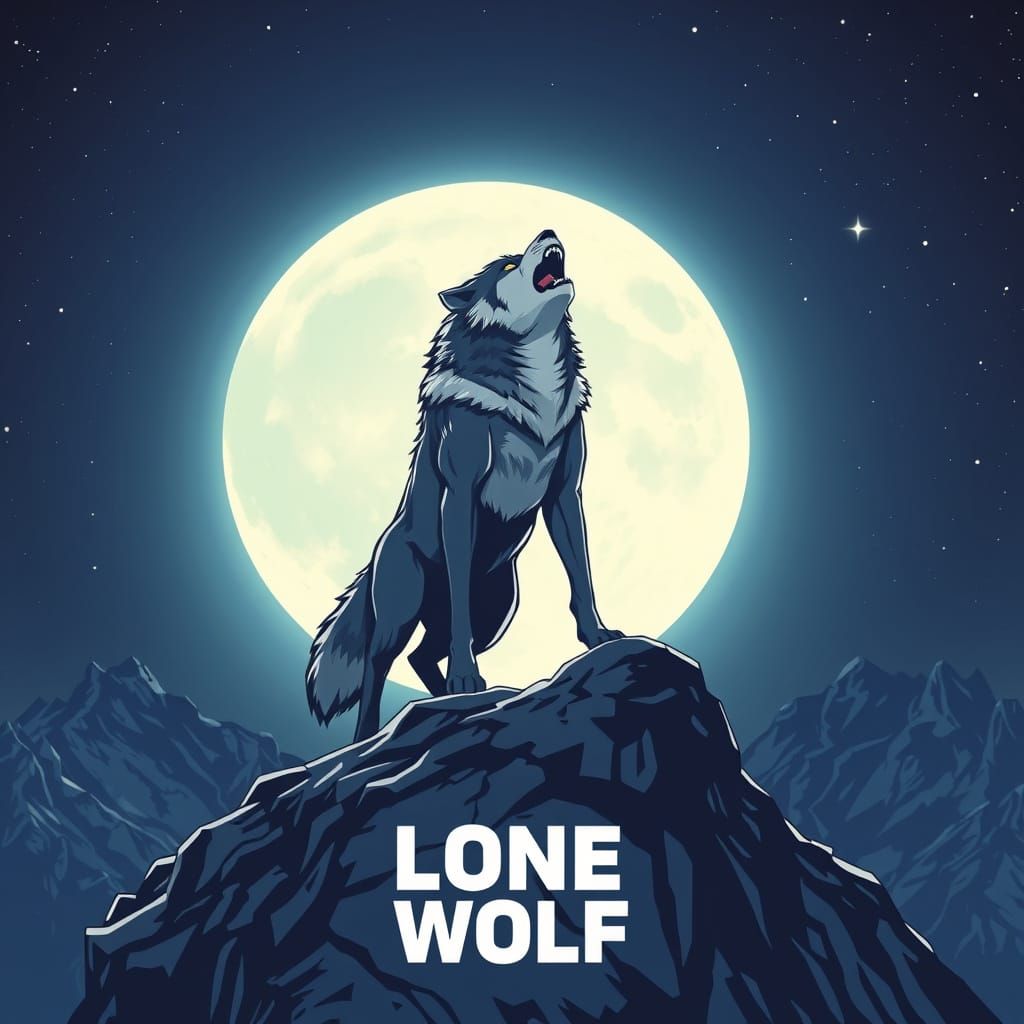 Heroic Wolf Stands Tall Under Moonlit Skies
