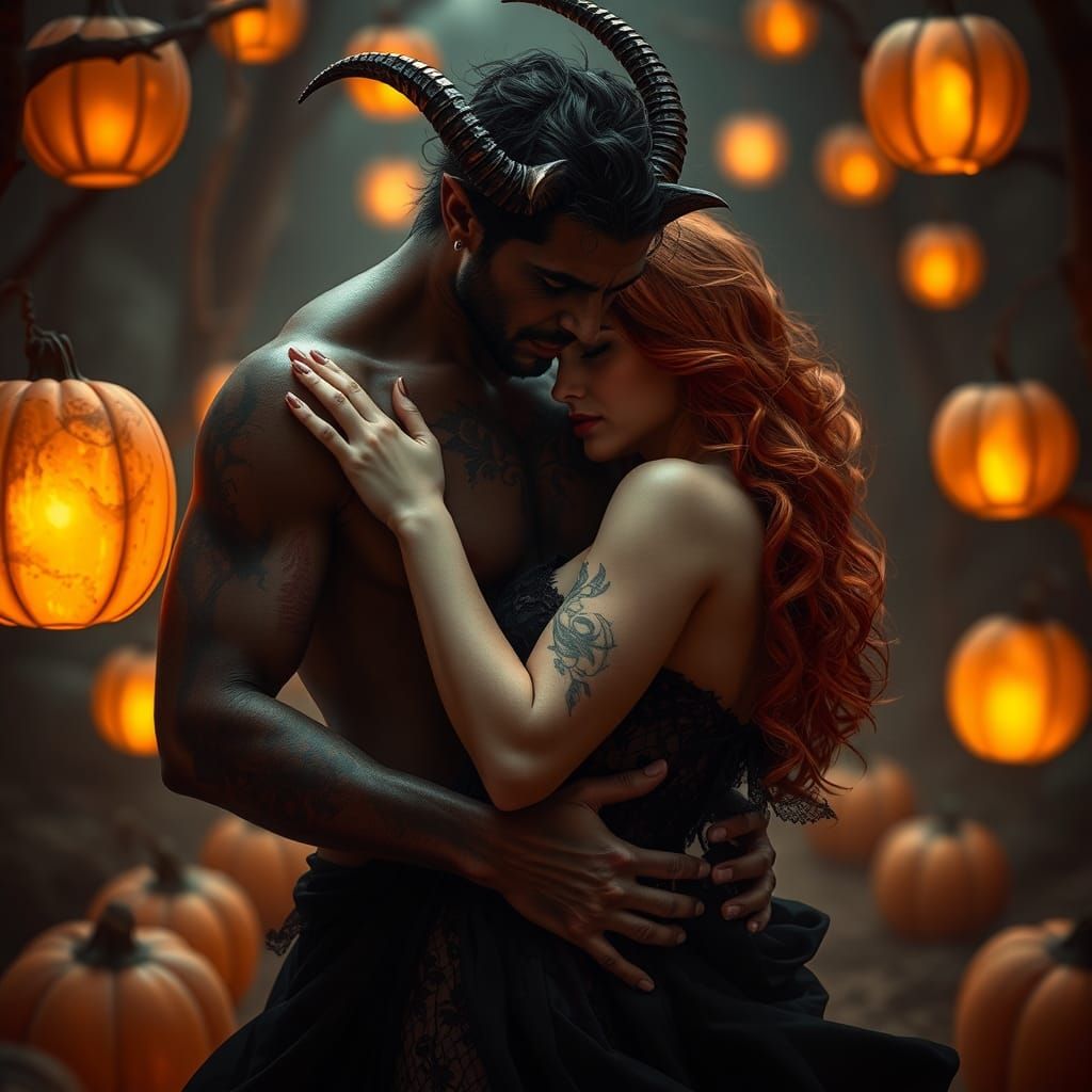 Eros-Inspired Couple Embracing in Halloween Mystique