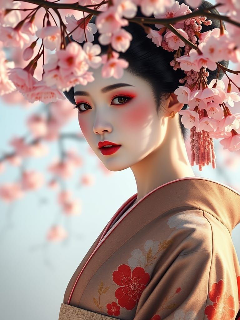 Vibrant Geisha Under Cherry Blossoms in Hyperrealistic Style
