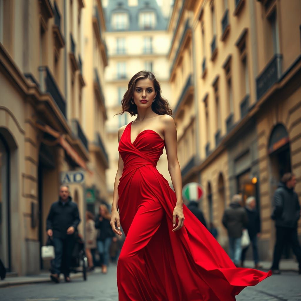 Elegant Woman in Red Dress, Parisian Street Scene