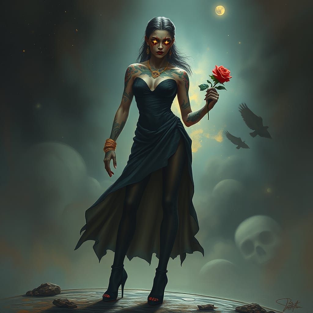 Muscular Frankenstein's Bride with Rose in Cosmic Setting