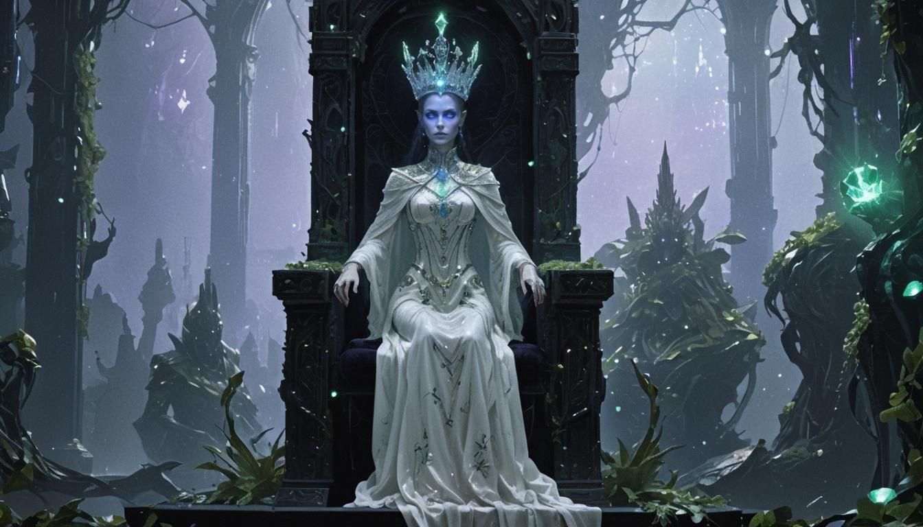 Cybernetic Queen on Crystal Throne in Hyperrealism