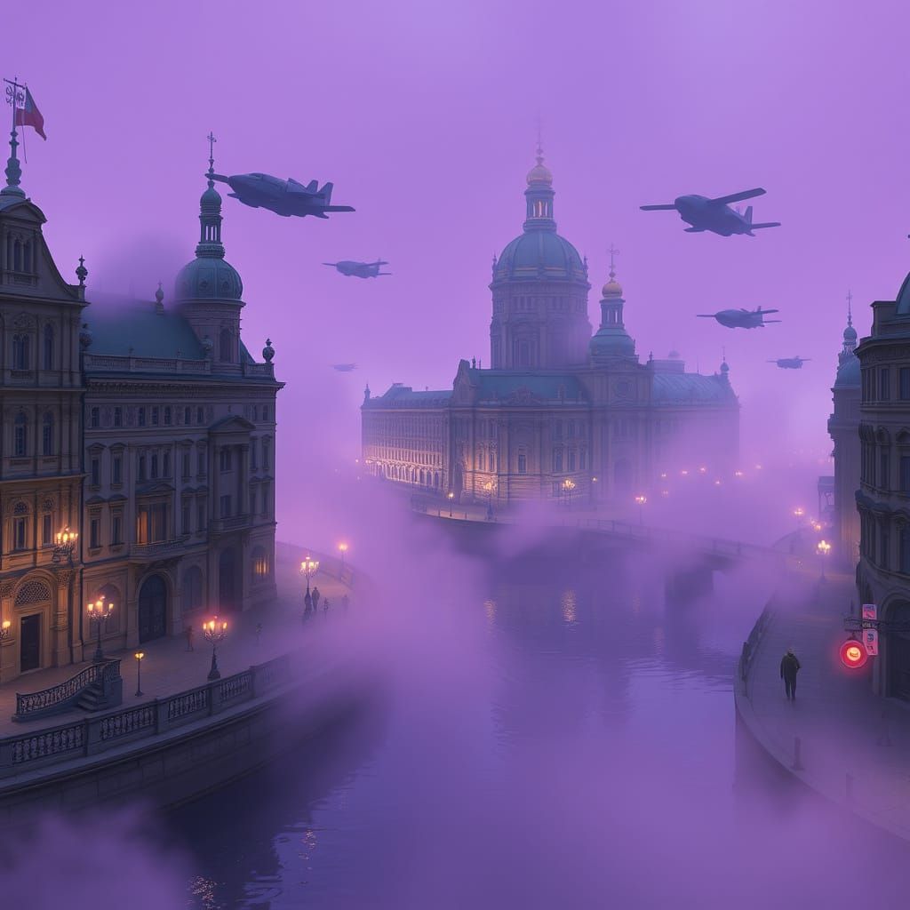 Futuristic Saint-Petersburg in Cyberpunk Purple Fog