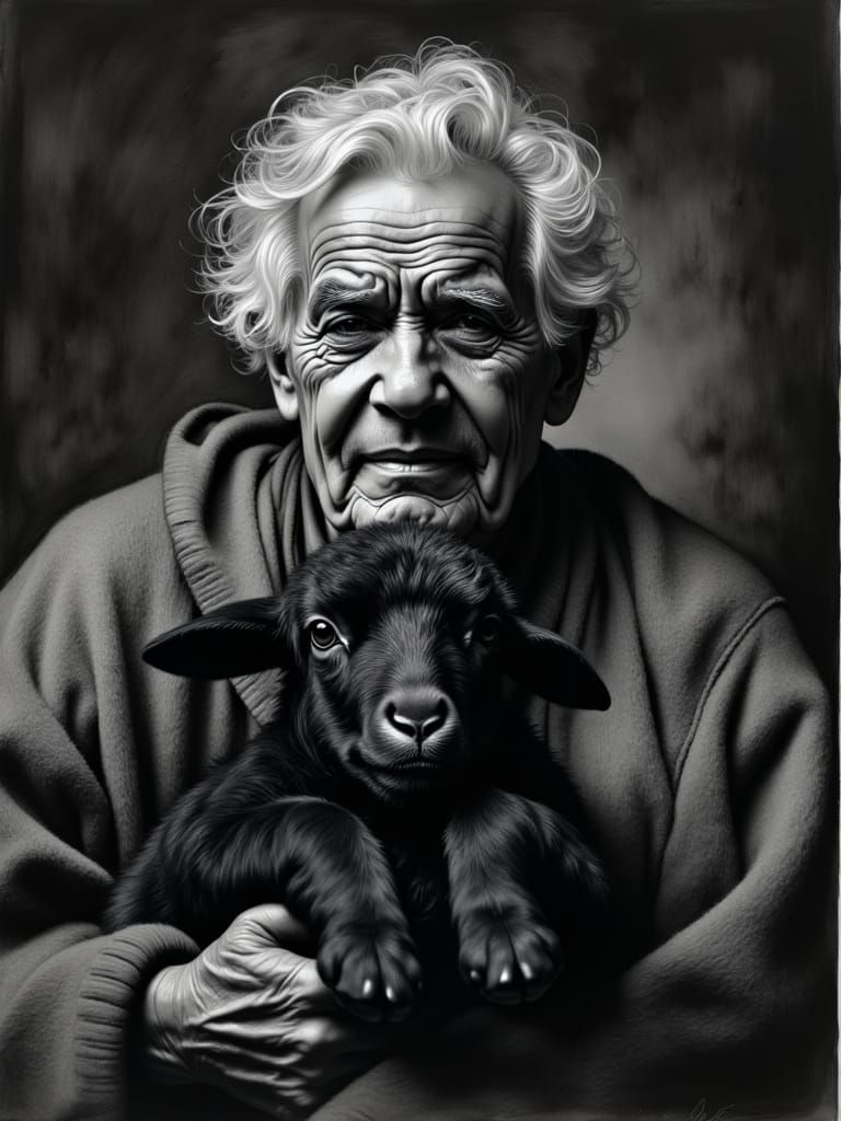 Charcoal Portrait of Gentle Elder with Black Lamb