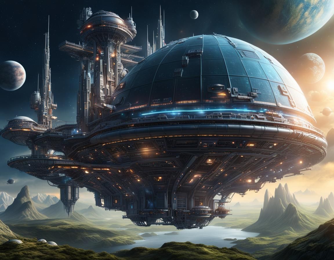 Biodome Starship Platform in Epic Space Scene