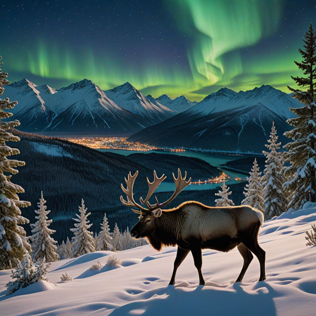 Northern Lights Silhouetted Caribou in Winter Wonderland