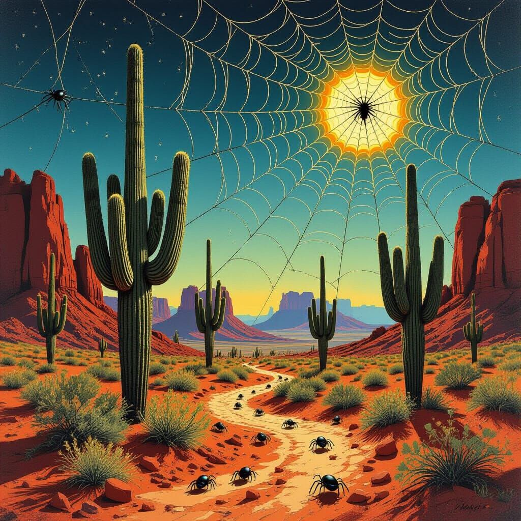 Surreal Desertscape with Cacti and Spiderwebs