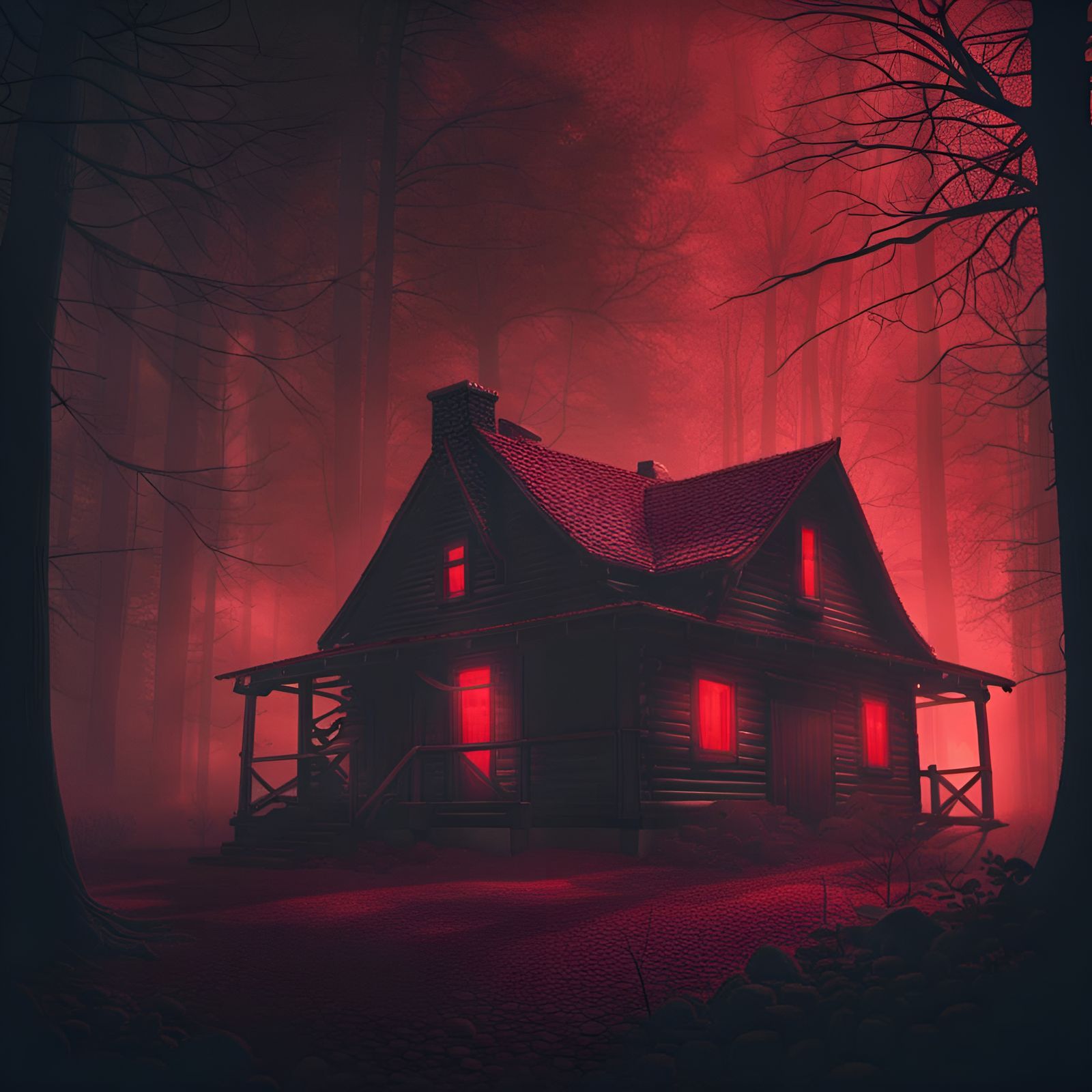 Ominous Cabin in Woods, Red Moon, Film Noir