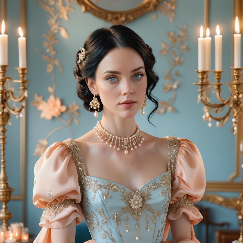 Young Woman in Peach Gown in Candlelit Drawing Room